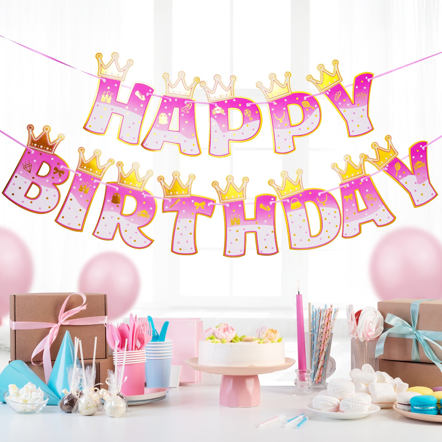 Pink Stamping Gold Crown Theme - مراجعة Party Banner Gold وسعره